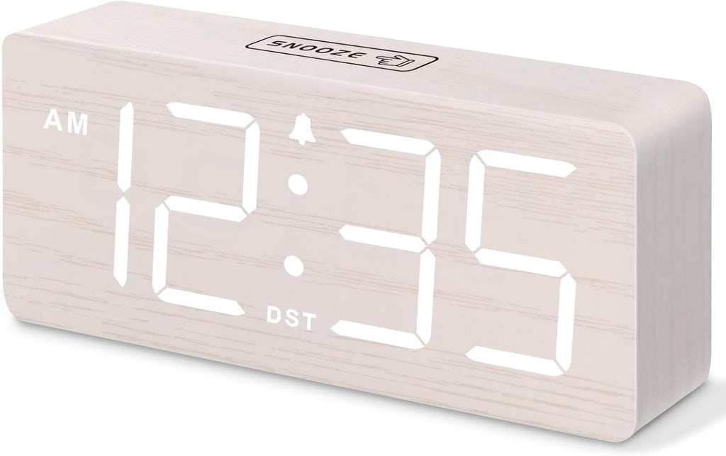 DreamSky Wooden Digital Alarm Clock for Bedroom - Desk Clock for Living Room with Large Numbers, Dimmer, Loud Alarm for Heavy Sleepers with Volume Control, DST, Office Wood Decor (Plug in Clock)