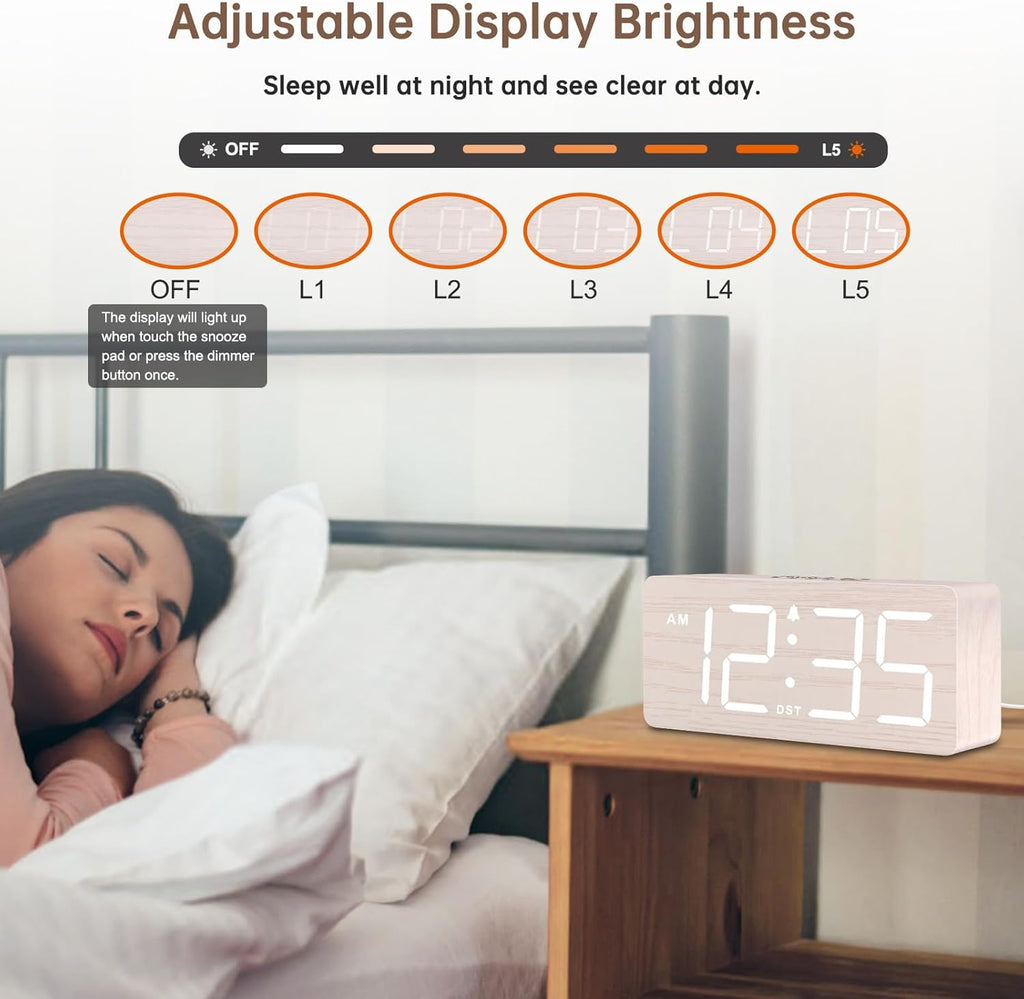 DreamSky Wooden Digital Alarm Clock for Bedroom - Desk Clock for Living Room with Large Numbers, Dimmer, Loud Alarm for Heavy Sleepers with Volume Control, DST, Office Wood Decor (Plug in Clock)