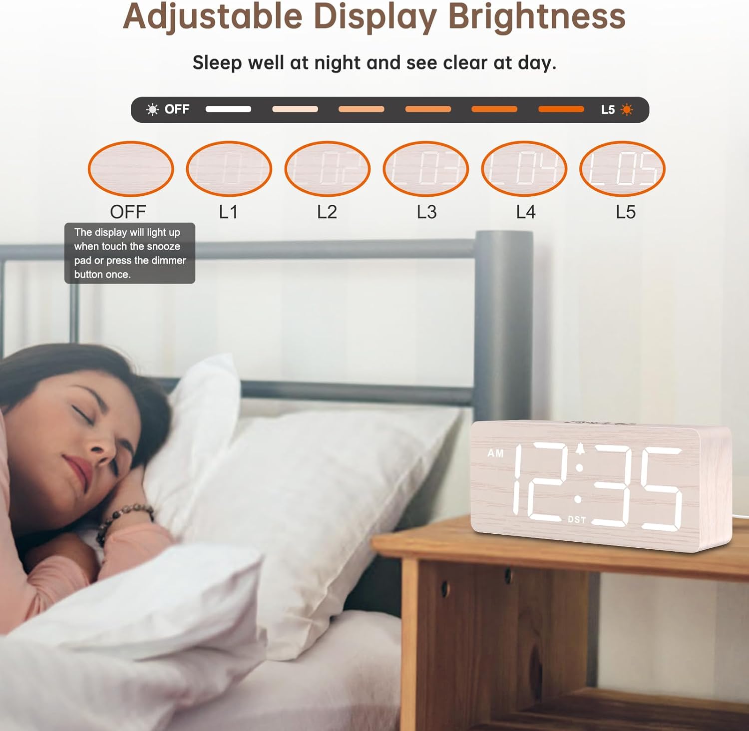 DreamSky Wooden Digital Alarm Clock for Bedroom - Desk Clock for Living Room with Large Numbers, Dimmer, Loud Alarm for Heavy Sleepers with Volume Control, DST, Office Wood Decor (Plug in Clock)