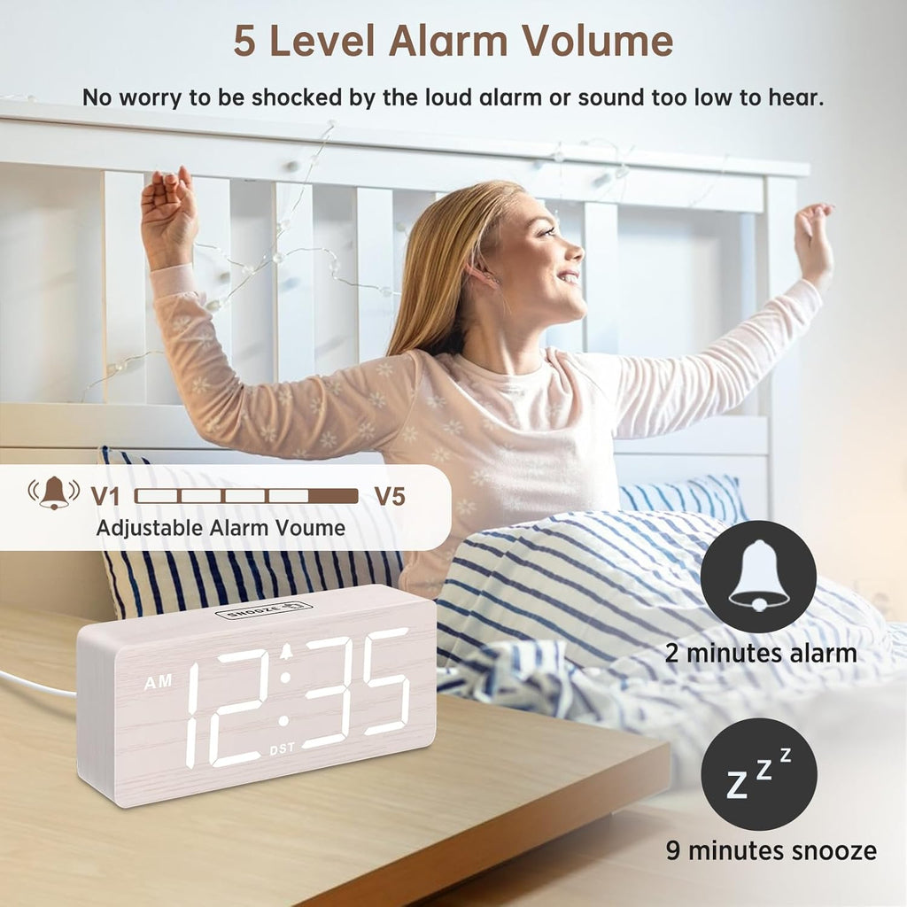 DreamSky Wooden Digital Alarm Clock for Bedroom - Desk Clock for Living Room with Large Numbers, Dimmer, Loud Alarm for Heavy Sleepers with Volume Control, DST, Office Wood Decor (Plug in Clock)